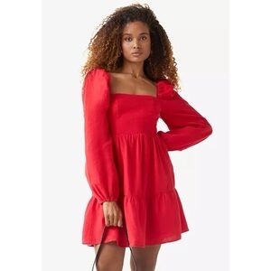 & Other Stories Red Linen Puff Sleeve Mini Dress